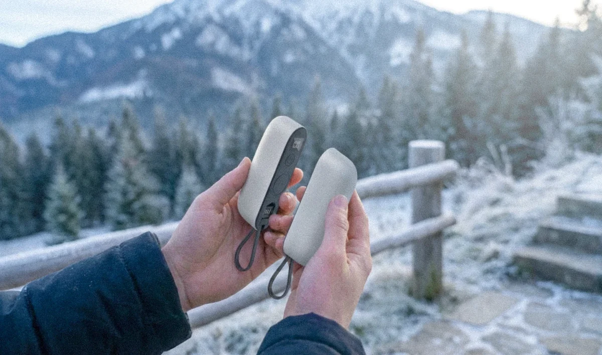 Holding Solana Gear Power Hand Warmers on a snowy mountain trail