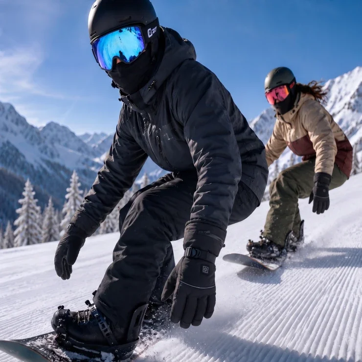 Two snowboarders on a sunny slope wearing Solana Gear Heated Gloves
