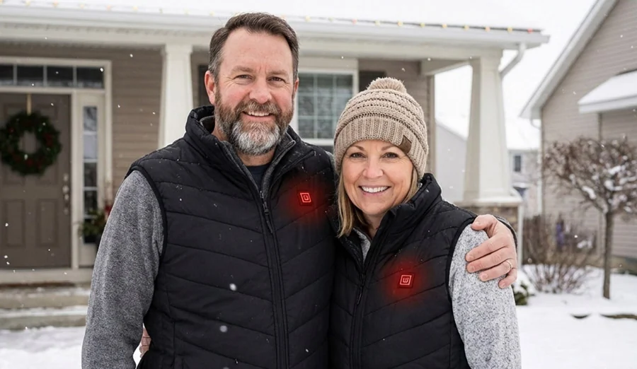 A couple wearing Solana Gear Heated Vests outside their home in the snow