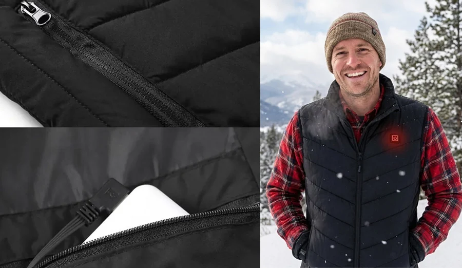 The vest's zip pockets, including the inner pocket for the power bank