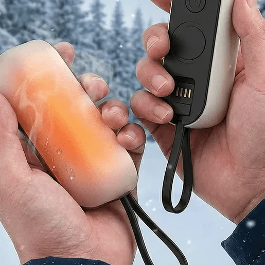 Holding the two halves of the Solana Gear Power Hand Warmers in the snow