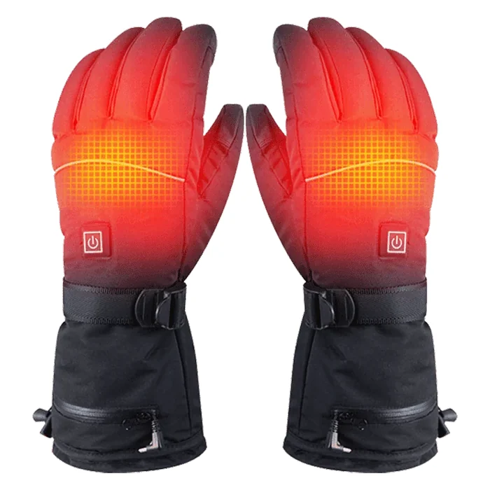 A pair of Solana Gear Heated Gloves with the heating pads glowing