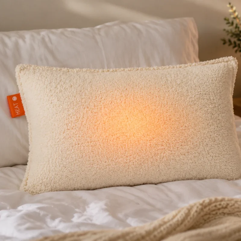 The Solana Gear Heated Pillow glowing warm on a bed